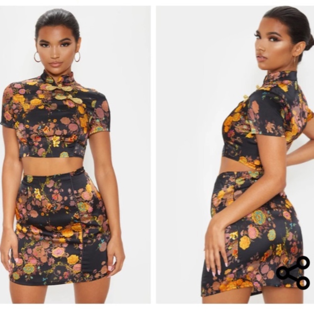 Black Oriental Print Satin A Line Skirt